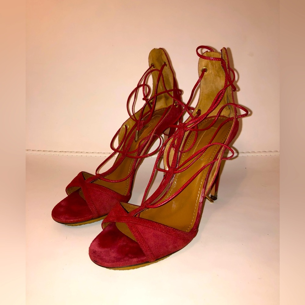 Aquazzura burgundy suede open toe lace up heels size 35.5 MK